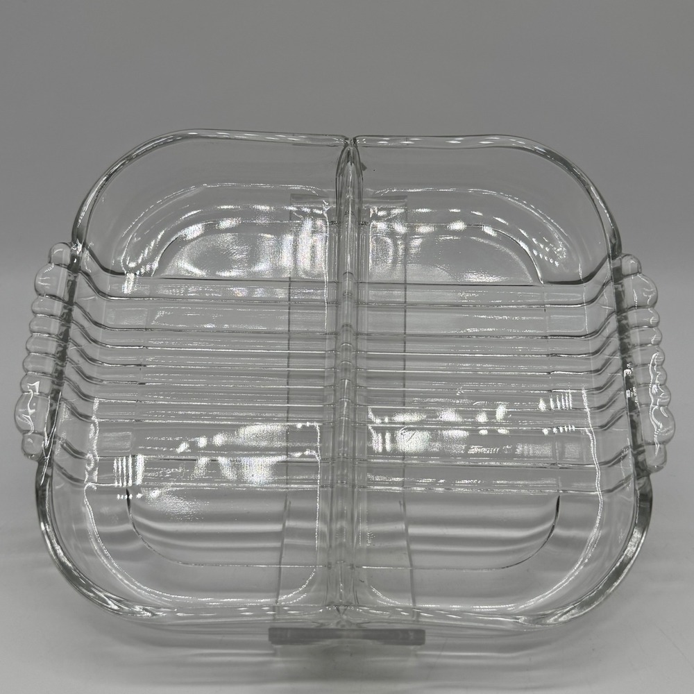 Vintage Federal Glass Clear Ribbed Divided Relish Tray Pickle Olive Dish Handles